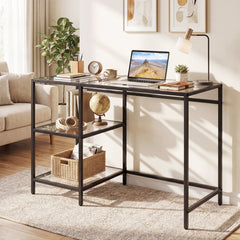 Tempered Glass Computer Desk Modern Office Desk with Open Storage Shelves-Black