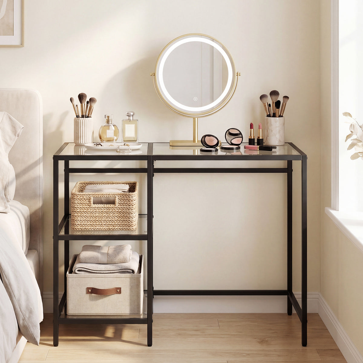 Tempered Glass Computer Desk Modern Office Desk with Open Storage Shelves-Black