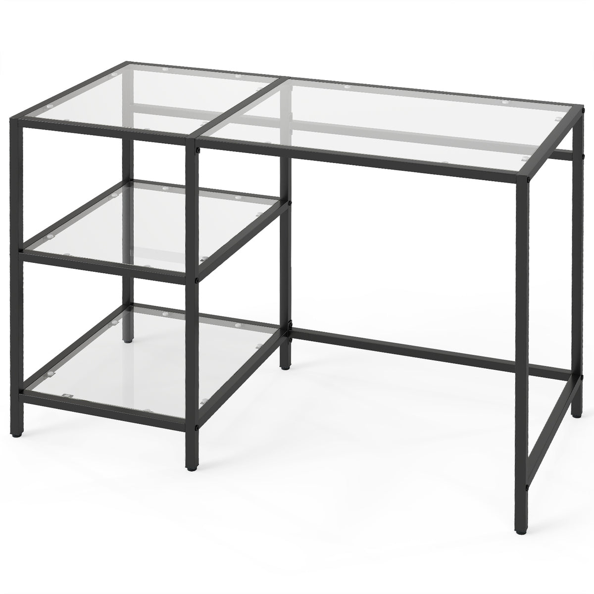 Tempered Glass Computer Desk Modern Office Desk with Open Storage Shelves-Black