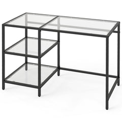 Tempered Glass Computer Desk Modern Office Desk with Open Storage Shelves-Black