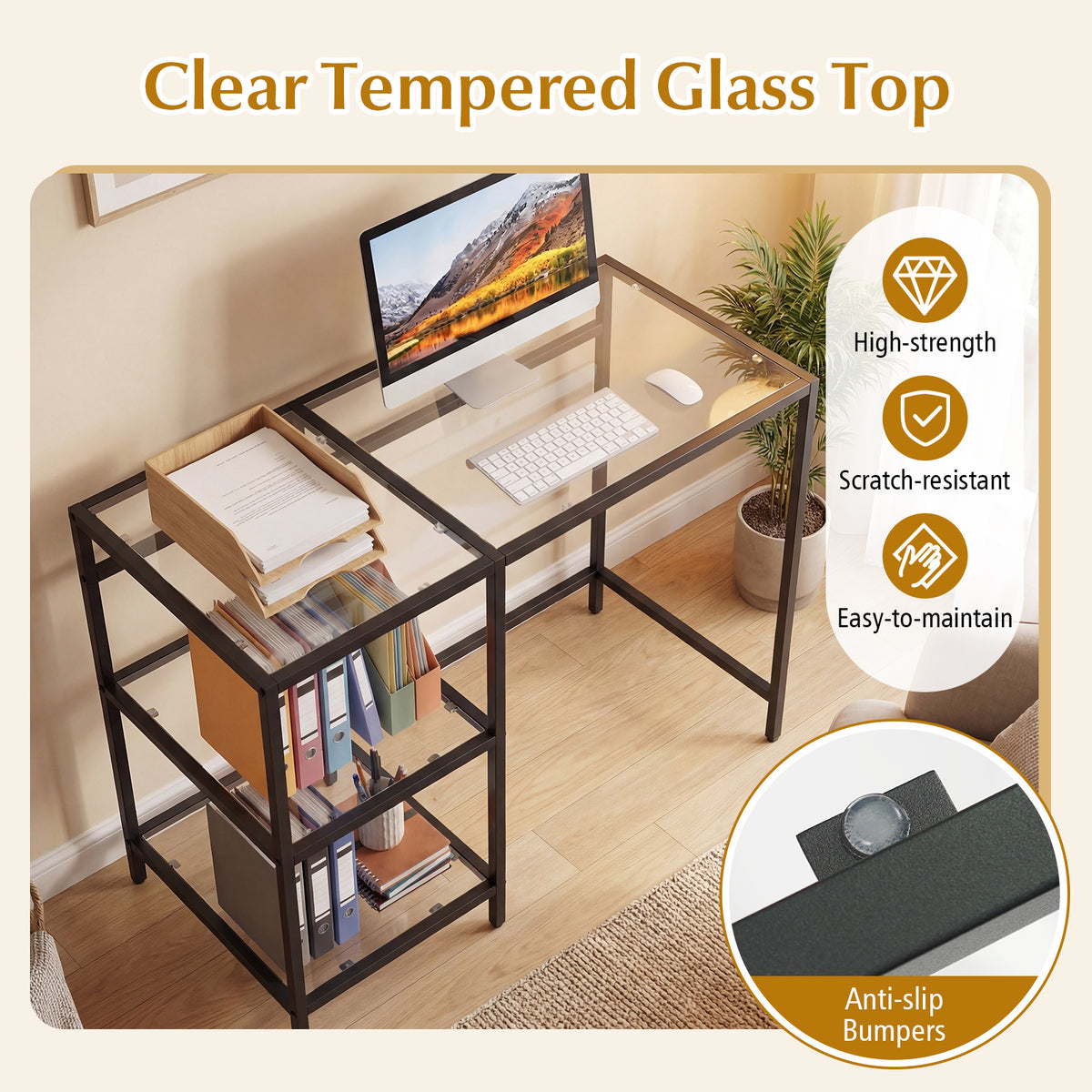 Tempered Glass Computer Desk Modern Office Desk with Open Storage Shelves-Black