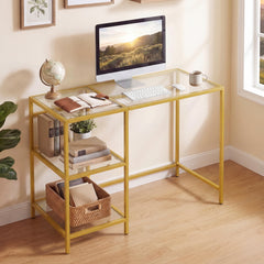 Tempered Glass Computer Desk Modern Office Desk with Open Storage Shelves-Gold