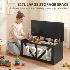 HOMCOM 127L Home Storage Box, with Safety Hinges - Black Wood-Effect