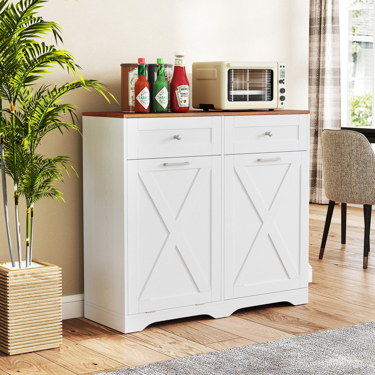 Tilt Out Trash Can Cabinet with Outlets and Adjustable Shelf for Kitchen-White