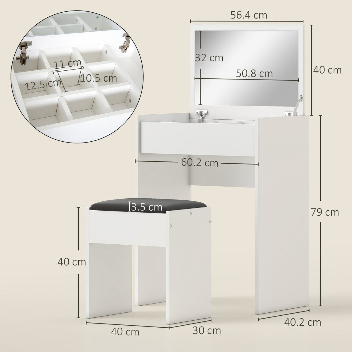 HOMCOM Dressing Table with Mirror and Stool, Vanity Makeup Table with Flip Up Mirror, Vanity Desk with Storage Unit and Padded Seat, White