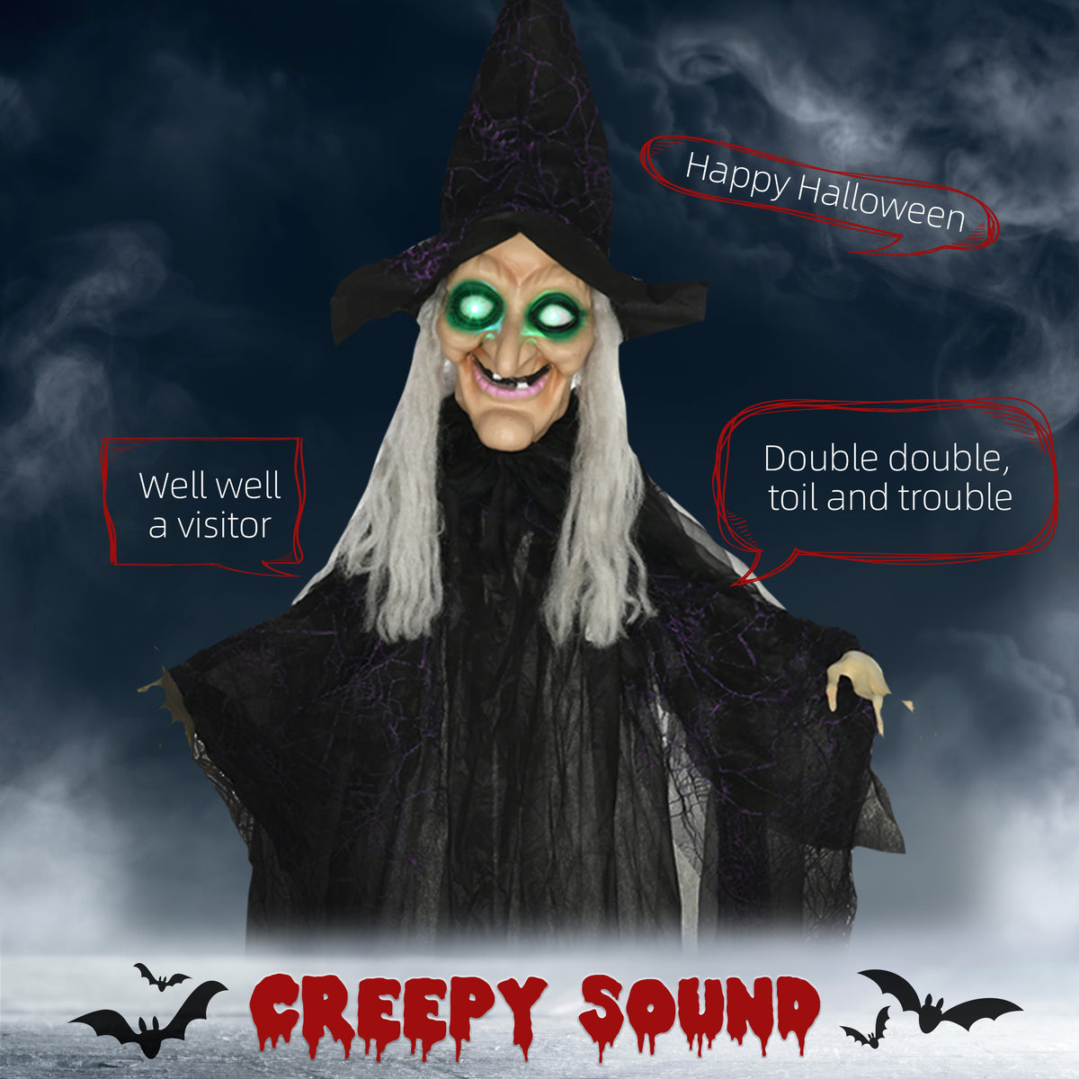 HOMCOM 6ft Outdoor Halloween Decoration Witch, Hanging Witch Prop Life Size with Sound and Motion Activated, Light Up Eyes, Talking Sound, Posable Arms
