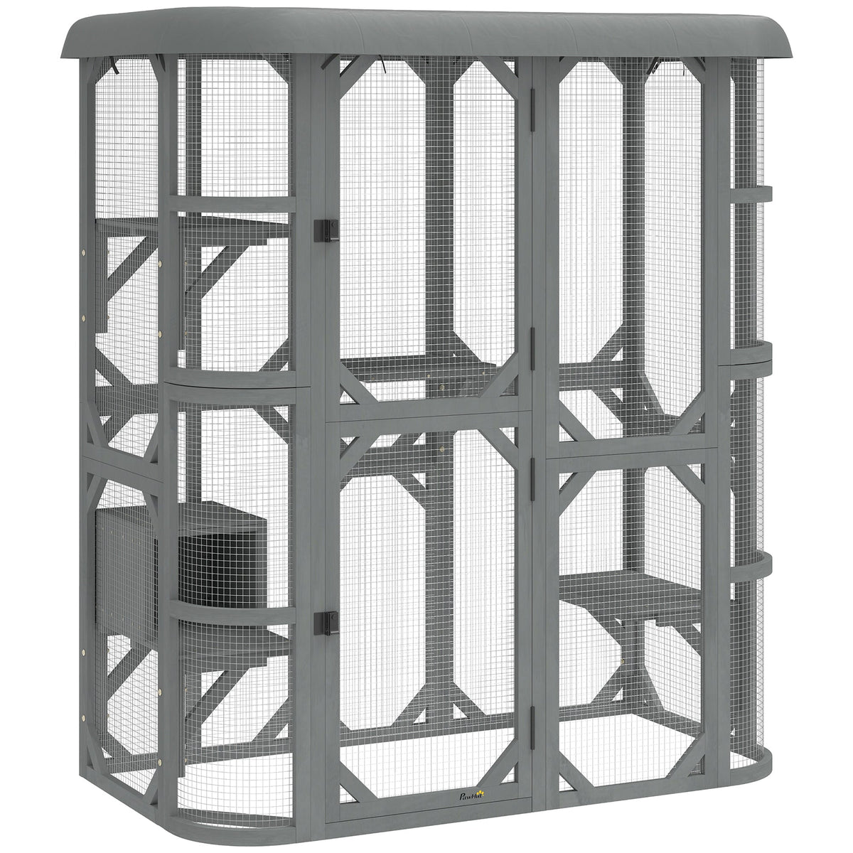 PawHut Catio Outdoor Cat Enclosure, Wooden Cat House with Platforms, Condo and Waterproof Cover for 2–3 Kittens, Grey