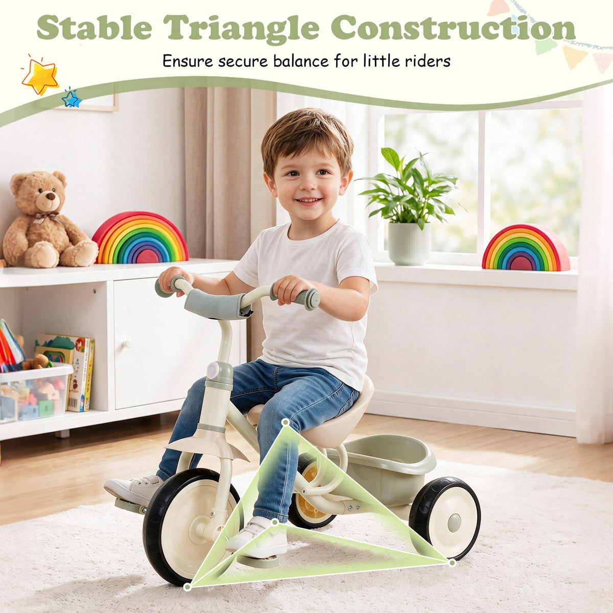 Toddler Tricycle with Removable Rear Storage Basket for Boys and Girls 2-5 Years Old-Green