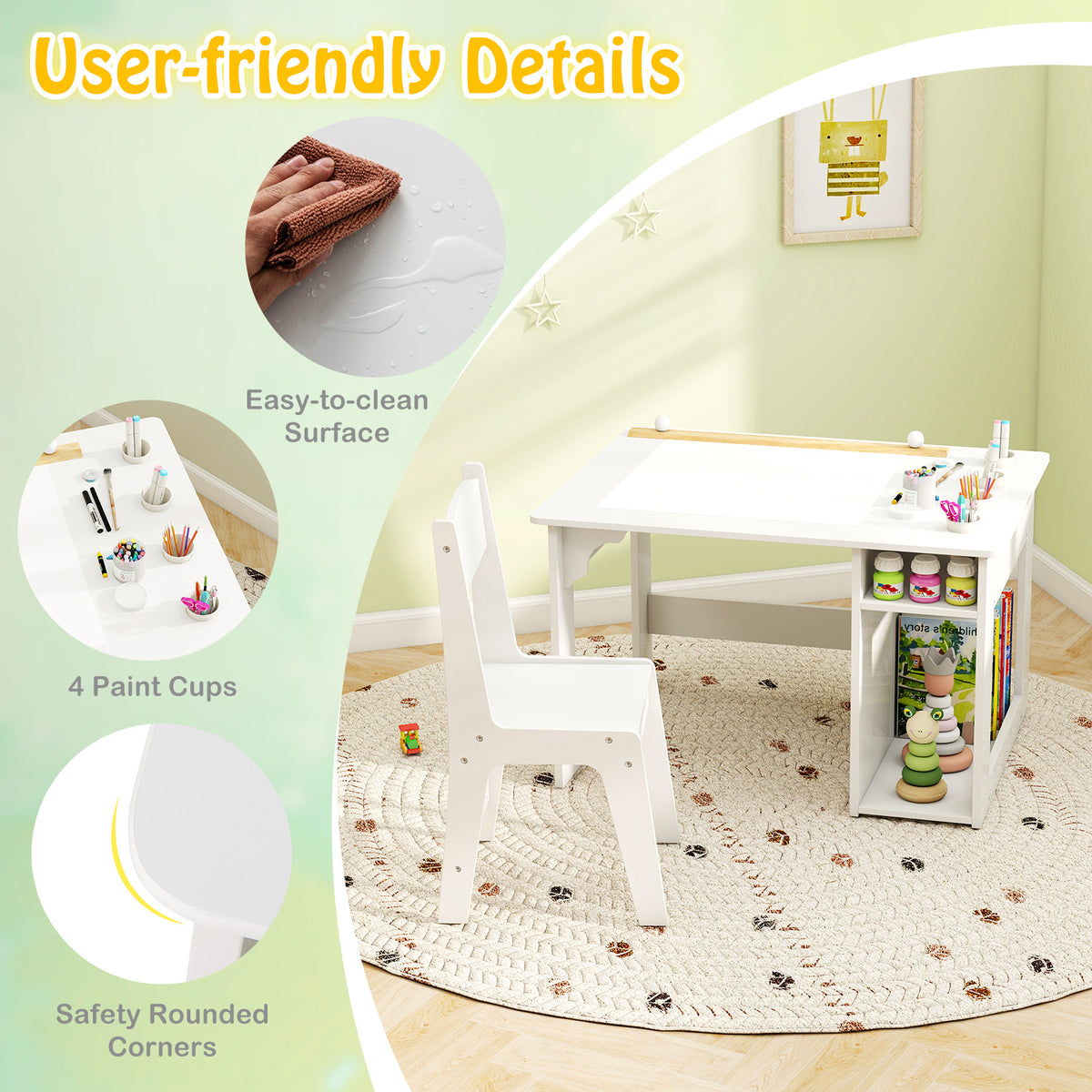 Toddler Craft Play Study Drawing Desk with Paper Roll 4 Paint Cups-White