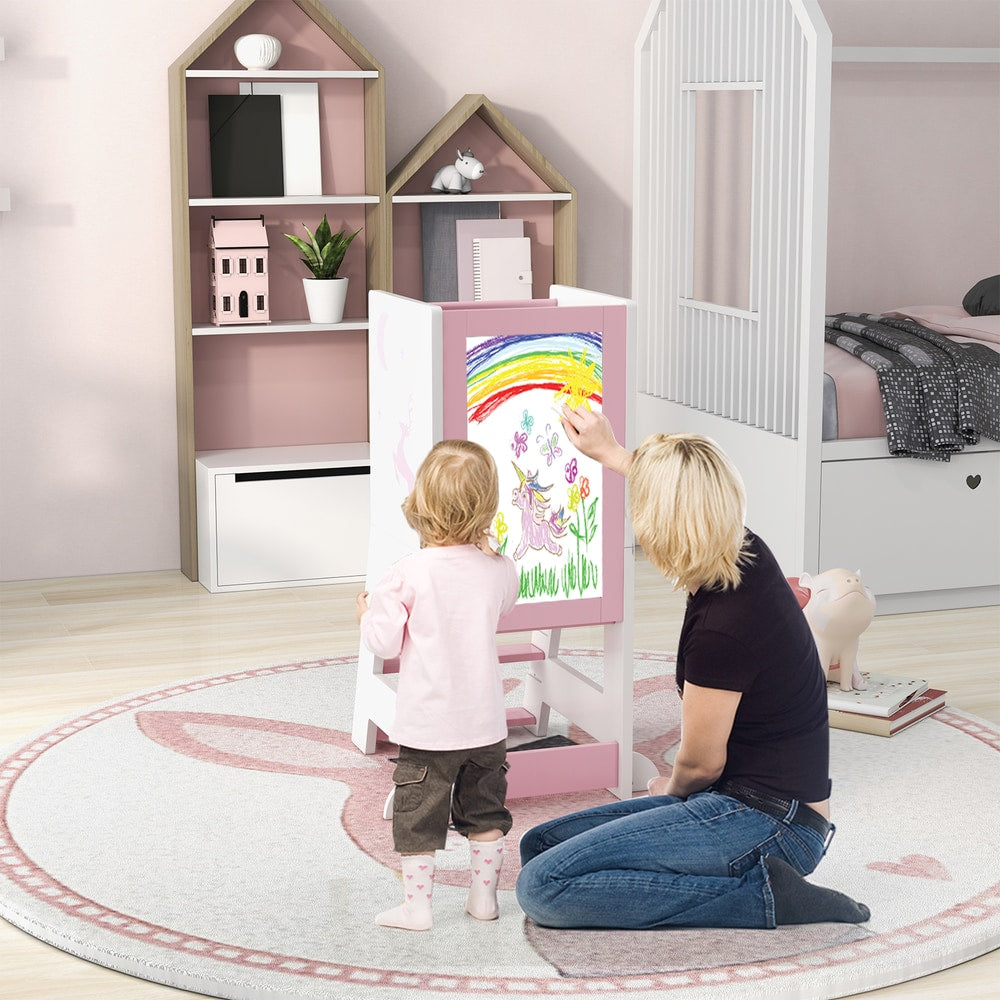 Toddler Kitchen Stool Helper with Chalkboard and Whiteboard in Pink