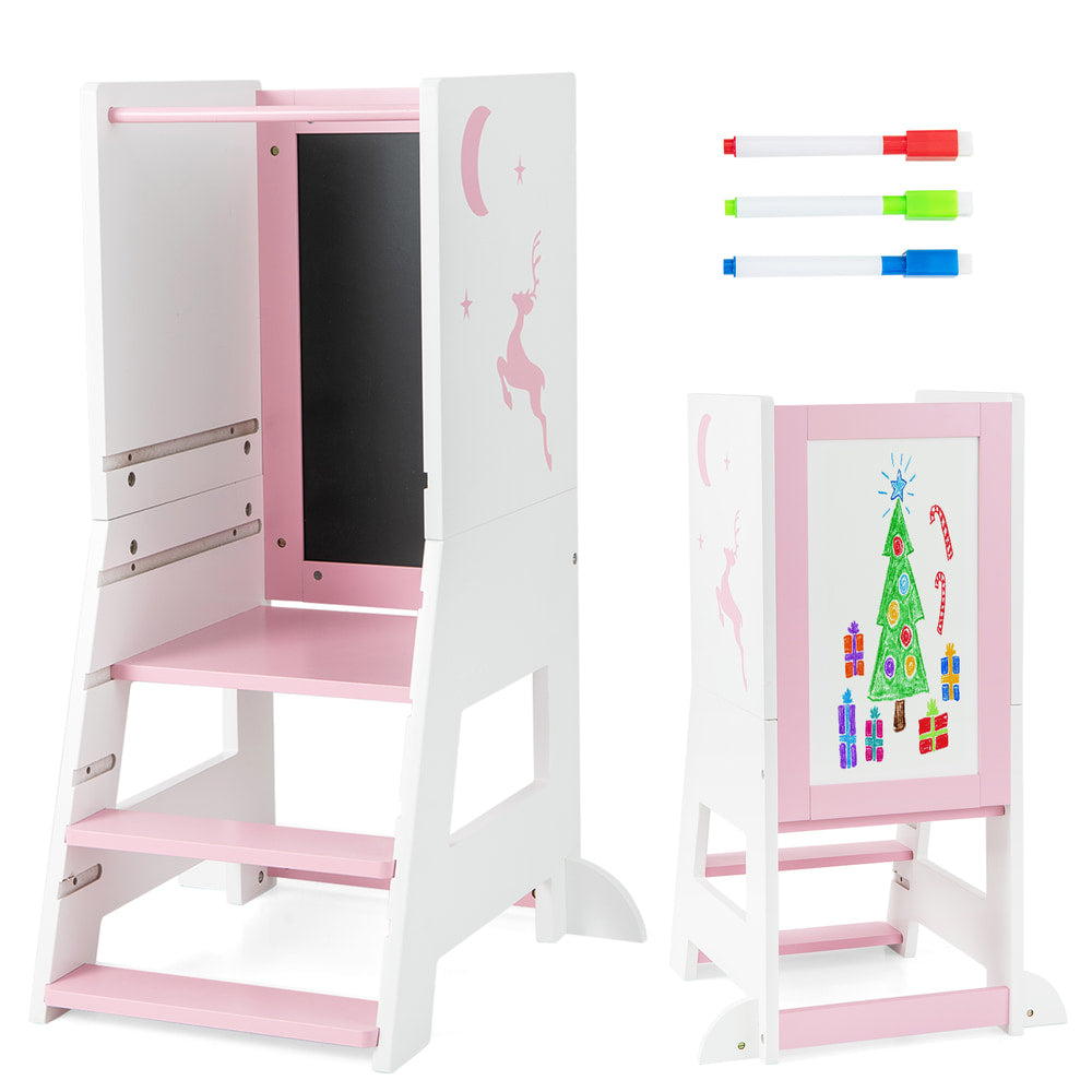 Toddler Kitchen Stool Helper with Chalkboard and Whiteboard in Pink