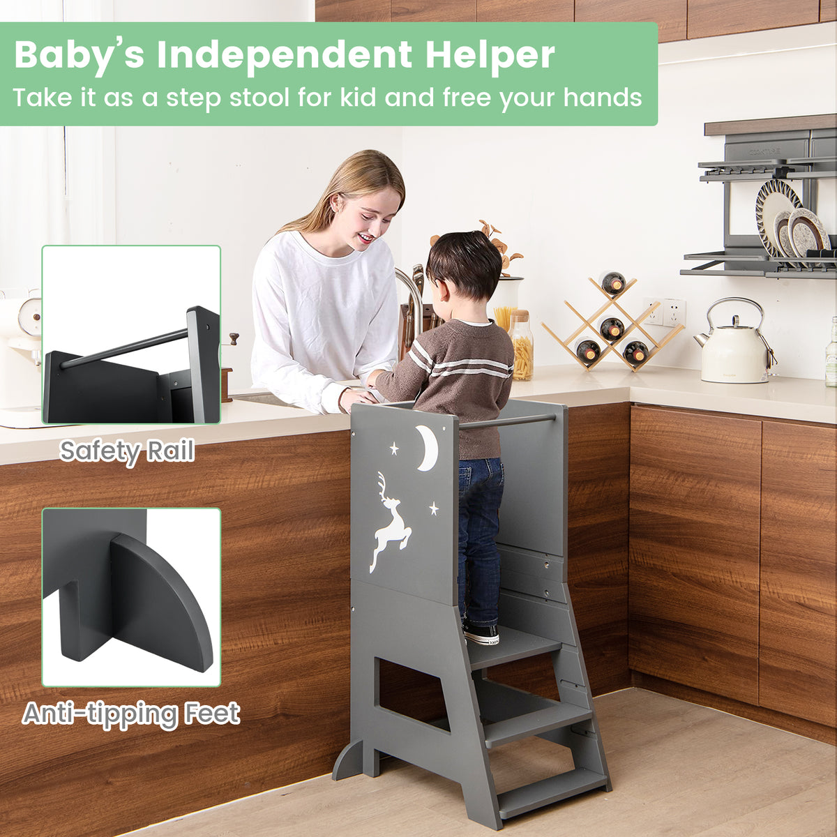 Toddler Kitchen Stool Helper with Chalkboard and Whiteboard-Grey
