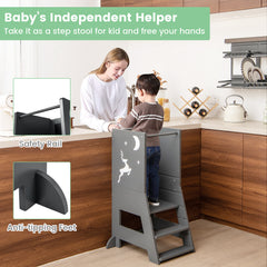 Toddler Kitchen Stool Helper with Chalkboard and Whiteboard-Grey