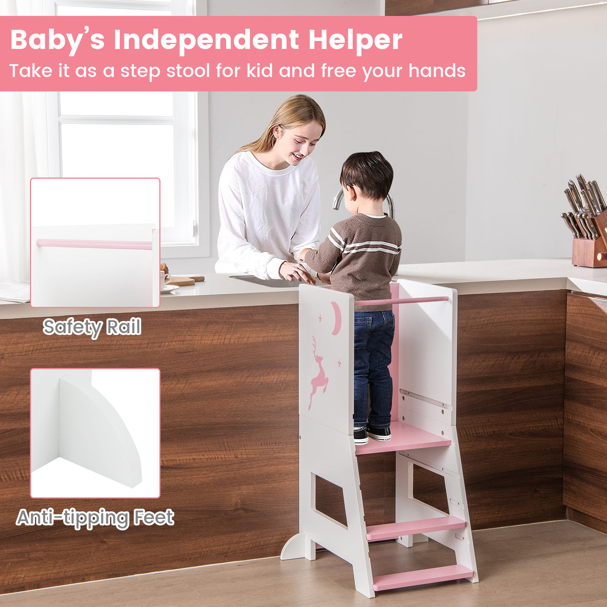 Toddler Kitchen Stool Helper with Chalkboard and Whiteboard-Pink