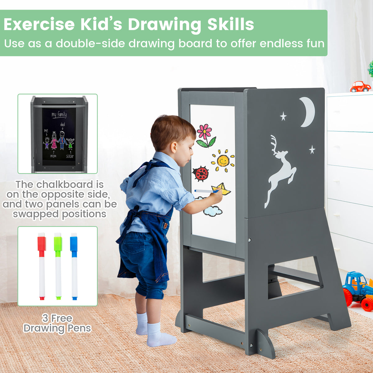 Toddler Kitchen Stool Helper with Chalkboard and Whiteboard-Grey