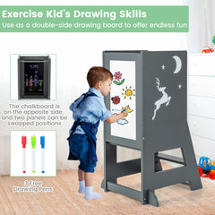 Toddler Kitchen Stool Helper with Chalkboard and Whiteboard-Grey