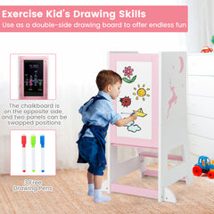 Toddler Kitchen Stool Helper with Chalkboard and Whiteboard in Pink