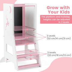 Toddler Kitchen Stool Helper with Chalkboard and Whiteboard in Pink