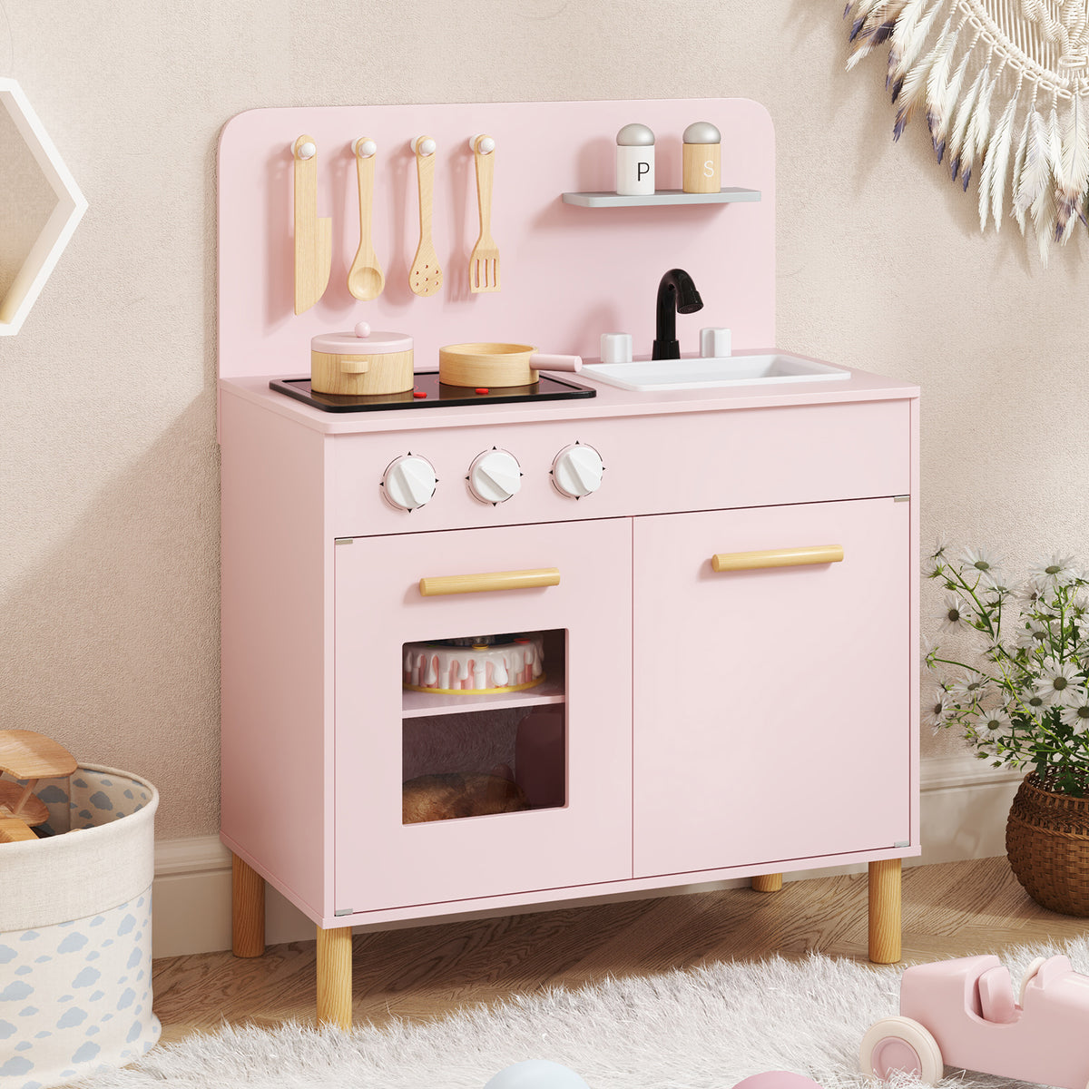 Toddler Pretend Play Kitchen with Light up Stove and Cooking Sounds-Pink