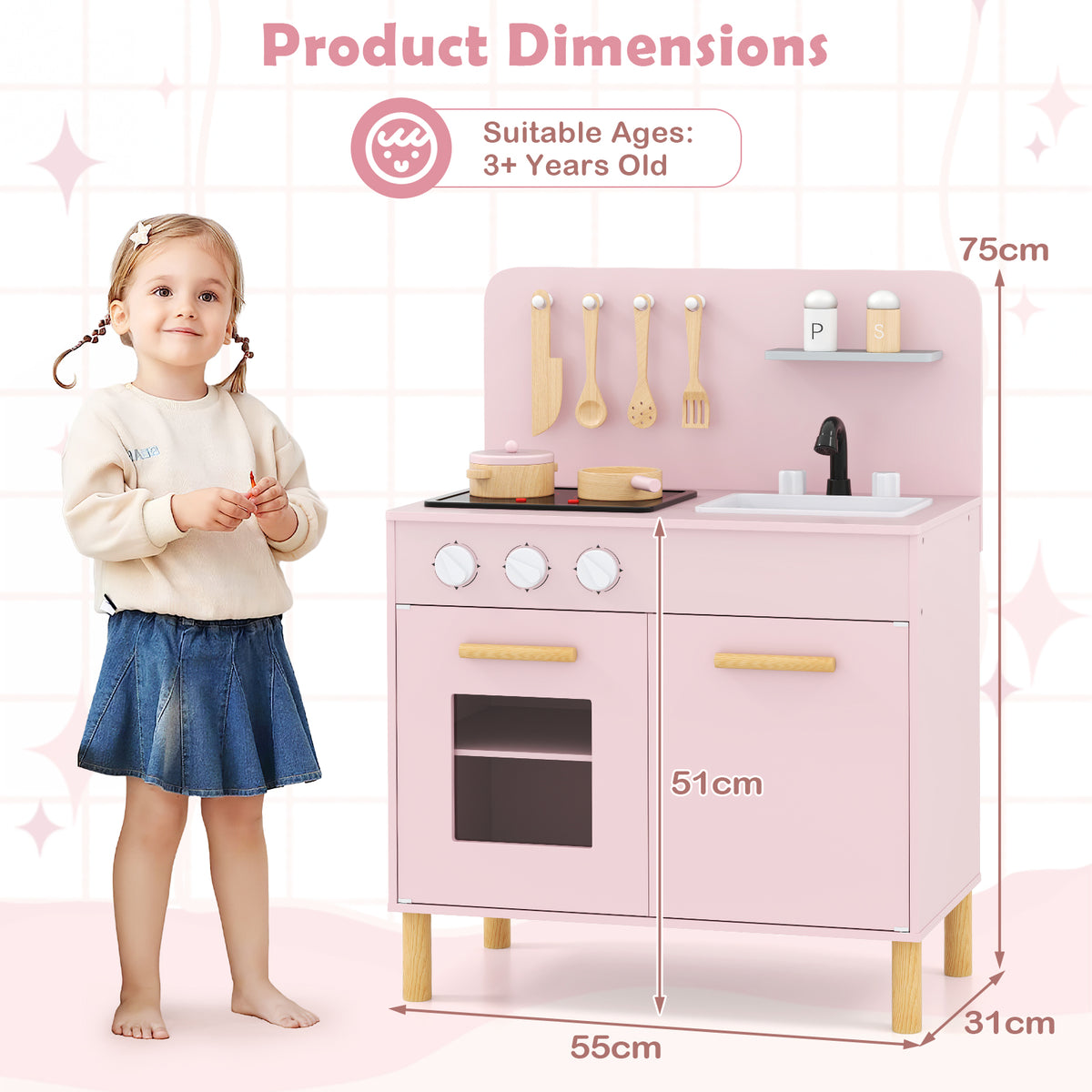 Toddler Pretend Play Kitchen with Light up Stove and Cooking Sounds-Pink