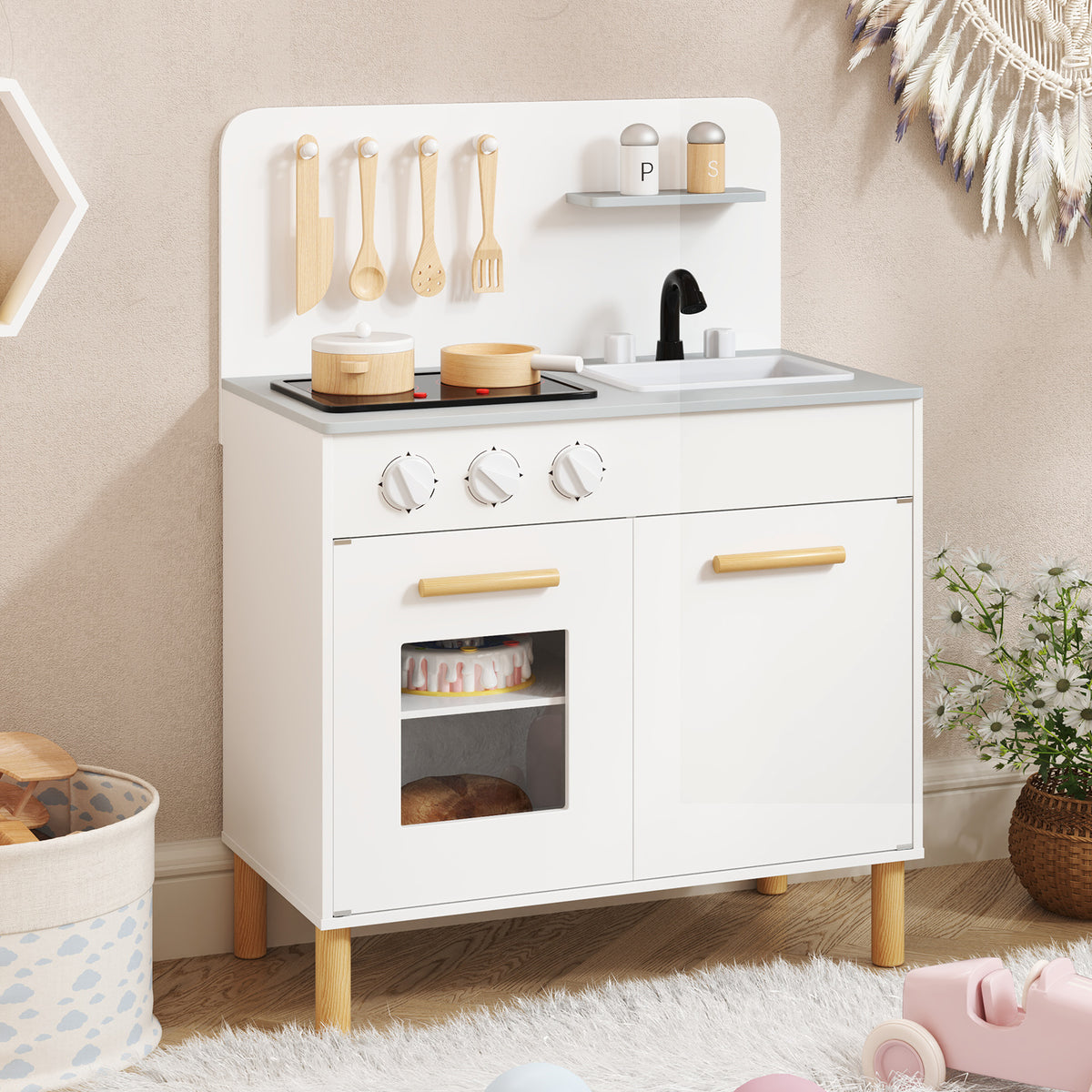 Toddler Pretend Play Kitchen with Light up Stove and Cooking Sounds-White