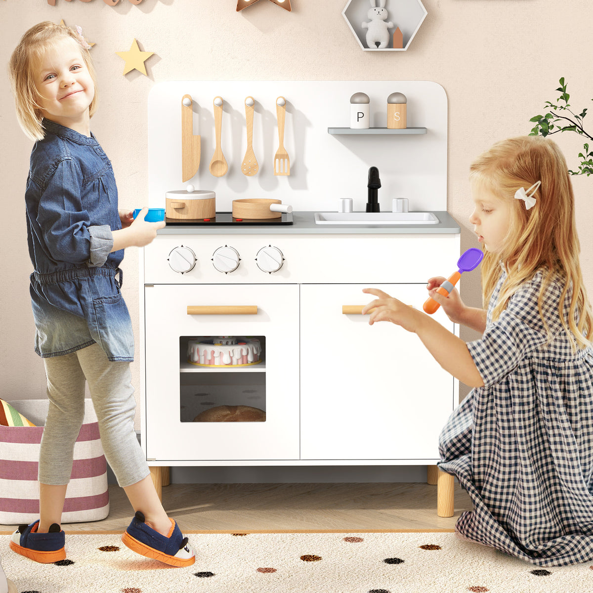 Toddler Pretend Play Kitchen with Light up Stove and Cooking Sounds-White
