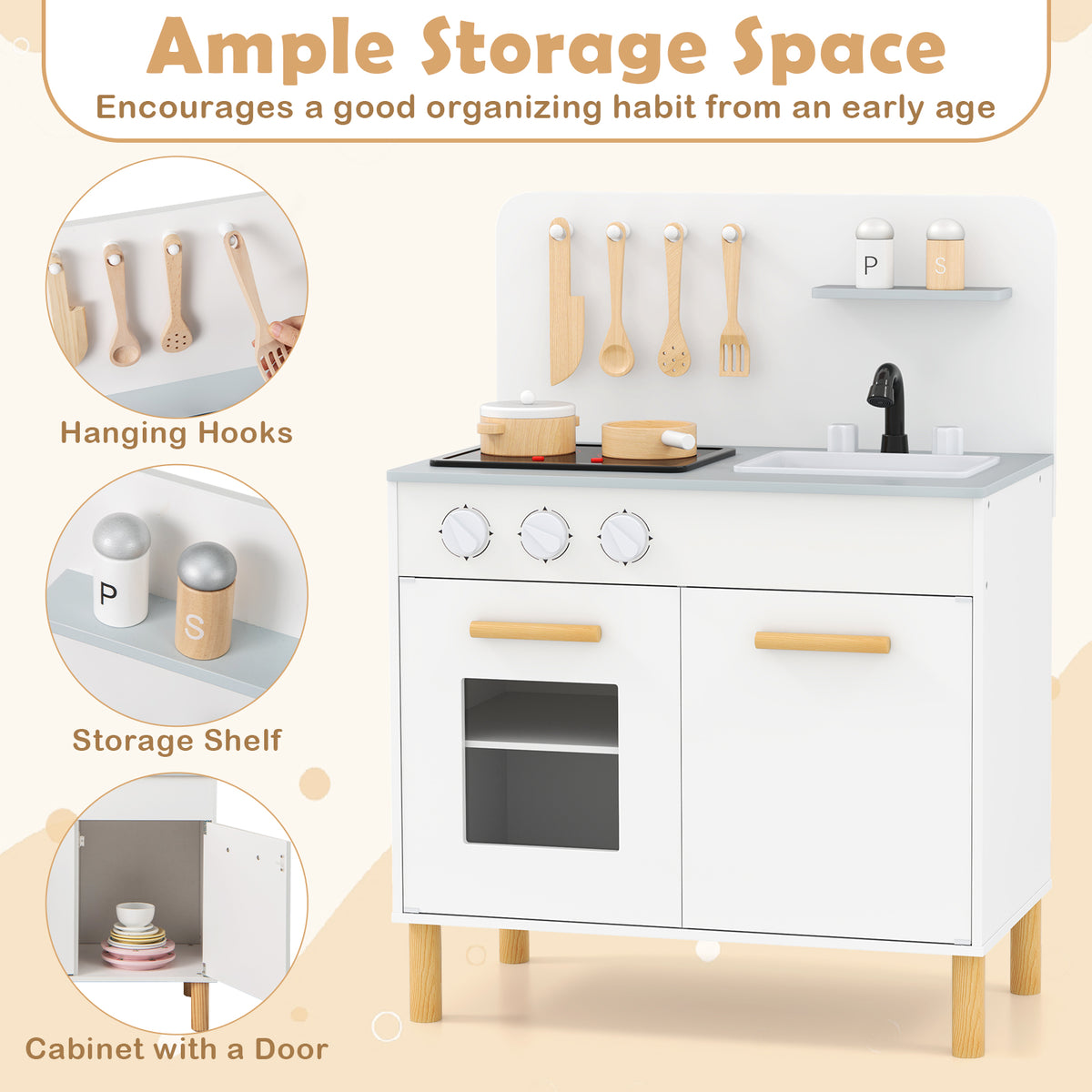 Toddler Pretend Play Kitchen with Light up Stove and Cooking Sounds-White