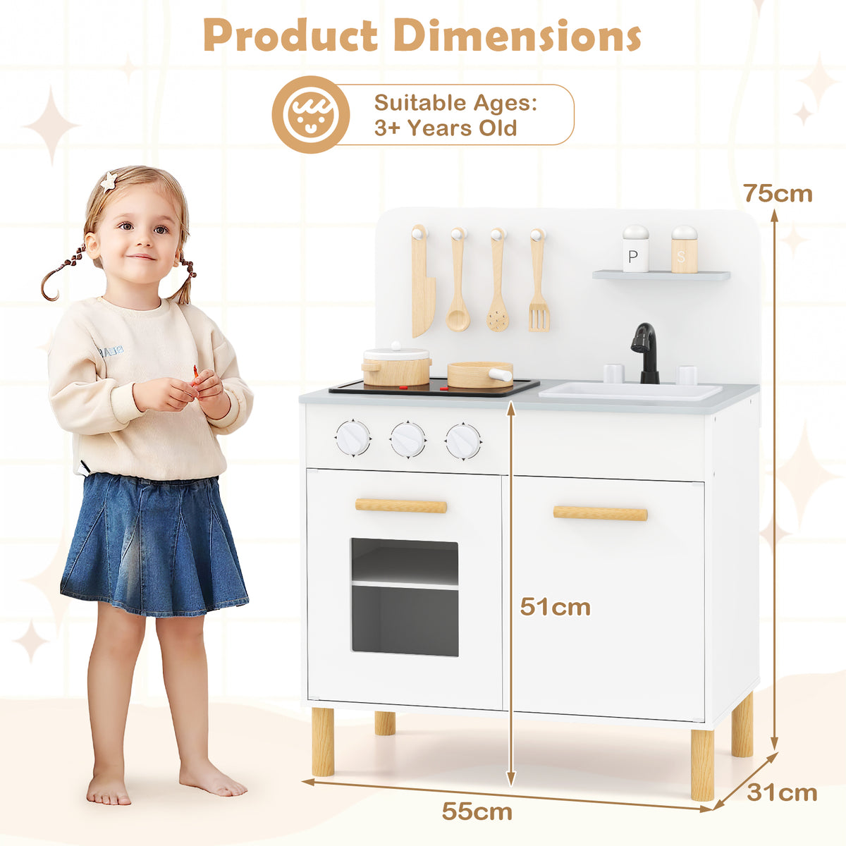 Toddler Pretend Play Kitchen with Light up Stove and Cooking Sounds-White