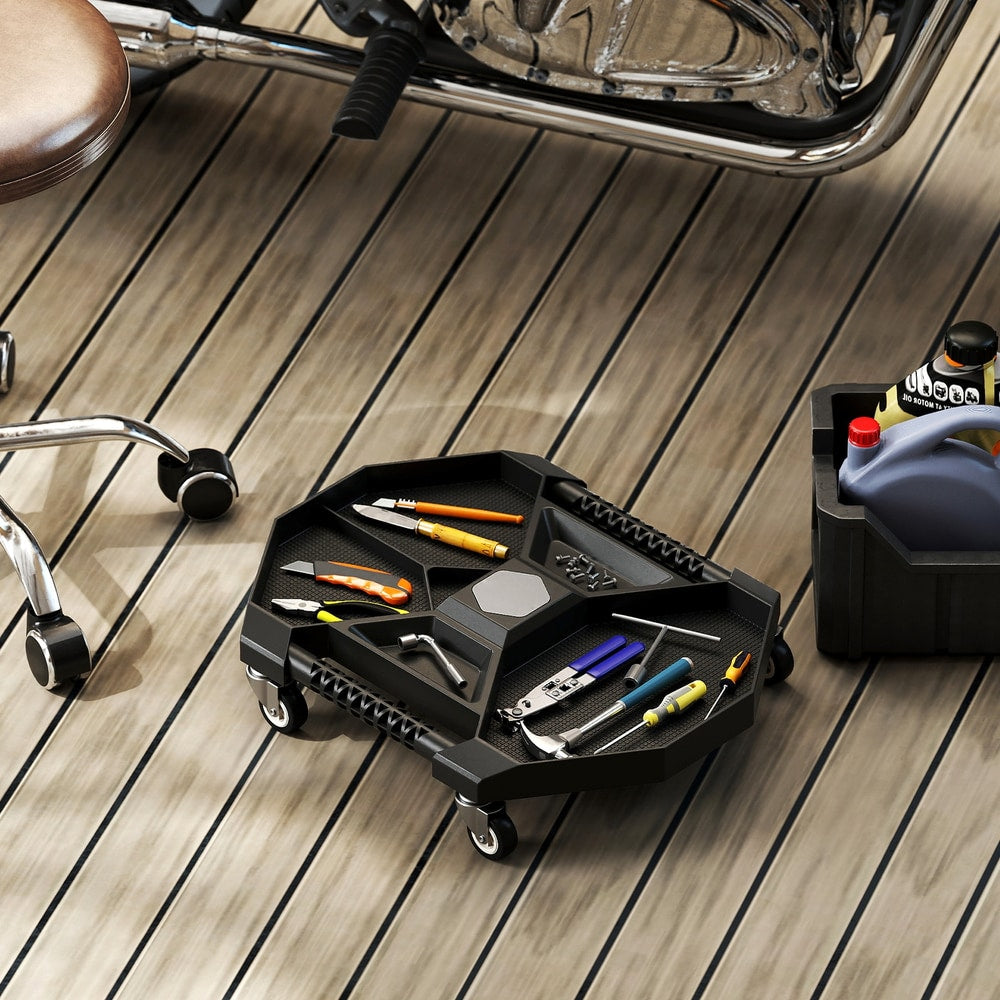 The rolling tool tray is shown in use next to a motorcycle with various tools inside