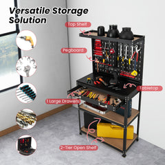 Tool Storage Workbench with Pegboard Shelves and Drawers-Red