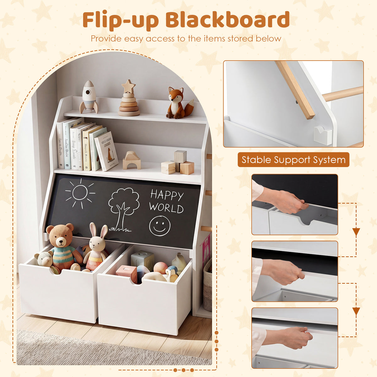 Toy Storage Organizer with Flip-up Blackboard and Movable Drawers for Playroom-White