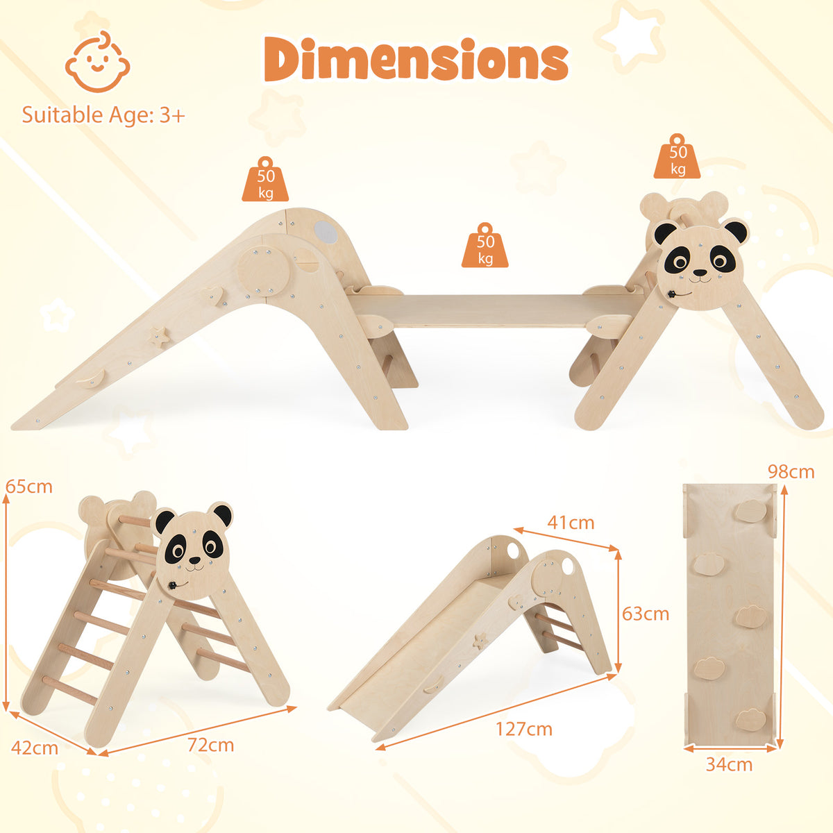 Triangle Set Foldable Kids Climbing Toys Panda-Themed Wood Montessori Climbing Set-Natural