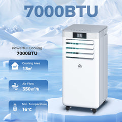 HOMCOM 7000 BTU Air Conditioning Unit, 3-in-1 Portable Air Conditioner, Dehumidifier, Cooling Fan with Remote Control, LED Display, 2 Speeds, 24H Timer, Window Venting Kit, 15m²