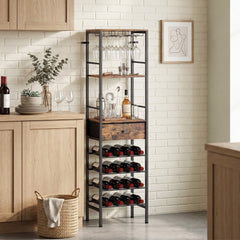 HOMCOM Industrial Wine Bar Cabinet Freestanding Liquor Cabinet 16-Bottle Wine Rack Glass Holder Rustic Brown