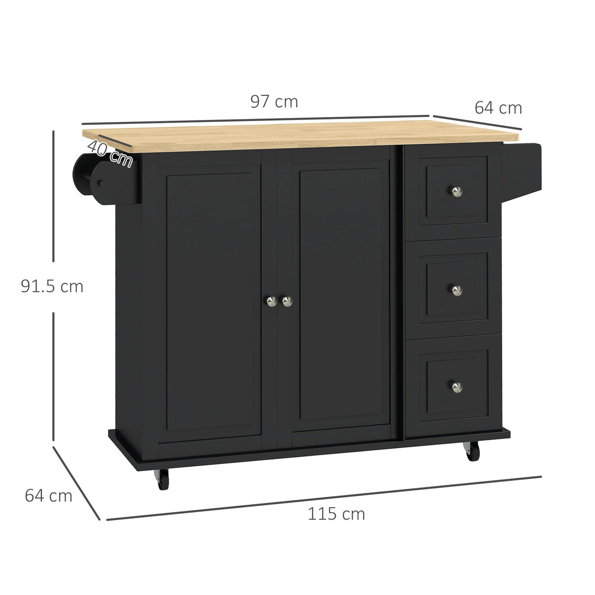 HOMCOM Kitchen Island with Drop Leaf, Rolling Kitchen Storage Trolley on Wheels with 3 Drawers, Black