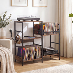Turntable Stand with Record Rack Hanging Hooks and Compartments for Bedroom-Brown