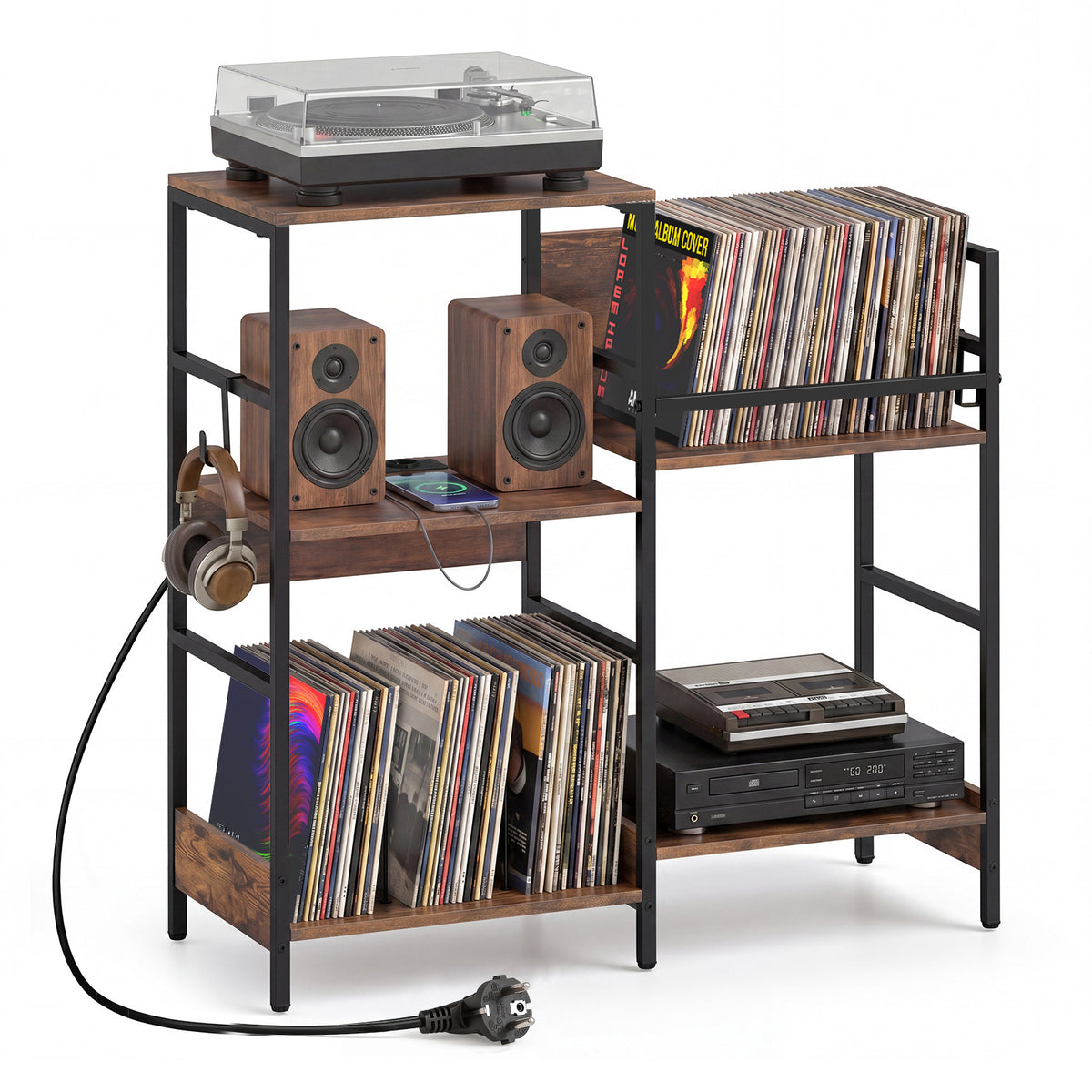 Turntable Stand with Record Rack Hanging Hooks and Compartments for Bedroom-Brown