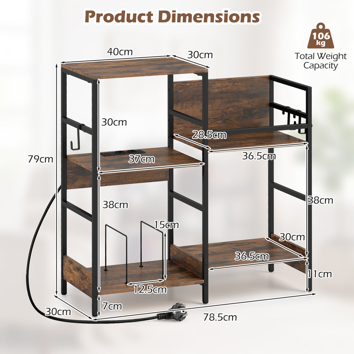 Turntable Stand with Record Rack Hanging Hooks and Compartments for Bedroom-Brown