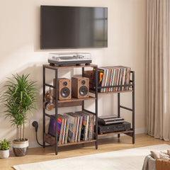 Turntable Stand with Record Rack Hanging Hooks and Compartments for Bedroom-Brown