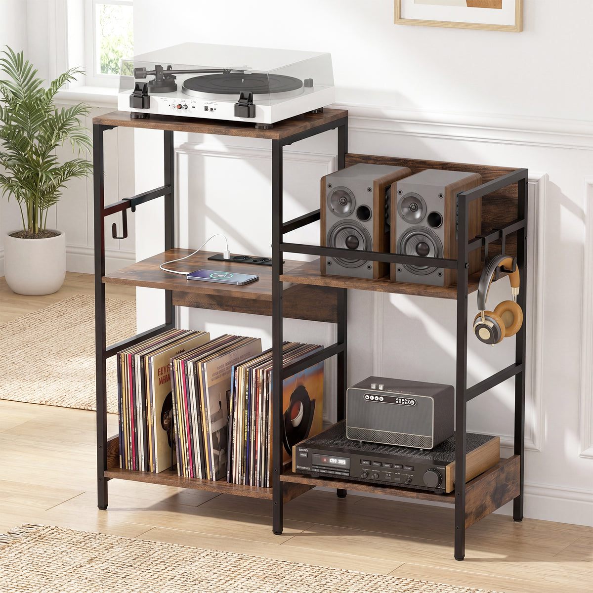Turntable Stand with Record Rack Hanging Hooks and Compartments for Bedroom-Brown