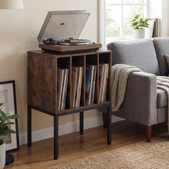 Turntable Stand with Vinyl Storage Shelves and Raised Metal Legs-Rustic Brown