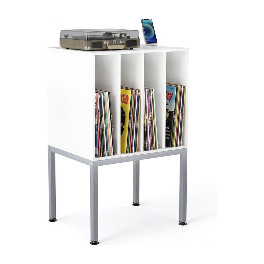 Turntable Stand with Vinyl Storage Shelves and Raised Metal Legs-White