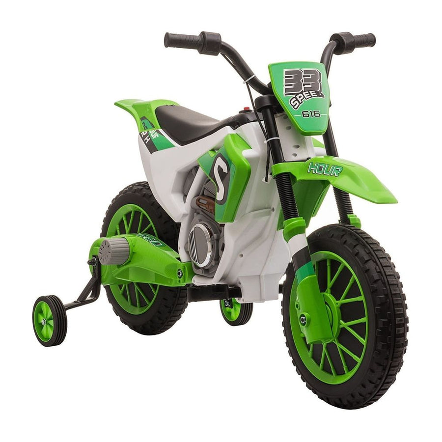 HOMCOM 12V Kids Electric Motorcycle Ride-On in green with white accents and training wheels
