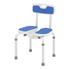 Rear view of the blue padded shower chair with back support
