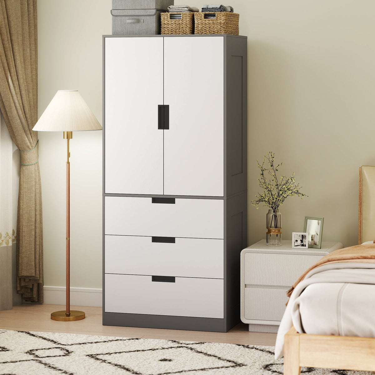 HOMCOM 2 Door Wardrobe, Modern Wardrobe with 3 Drawers and Hanging Rod for Bedroom, Grey