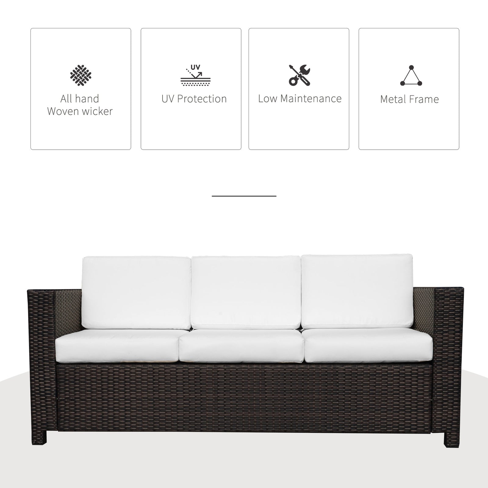 Outsunny 3 Seater Rattan Sofa, All-Weather Wicker Weave Metal Frame Chair with Fire Resistant Cushion, Brown