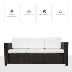 Outsunny 3 Seater Rattan Sofa, All-Weather Wicker Weave Metal Frame Chair with Fire Resistant Cushion, Brown