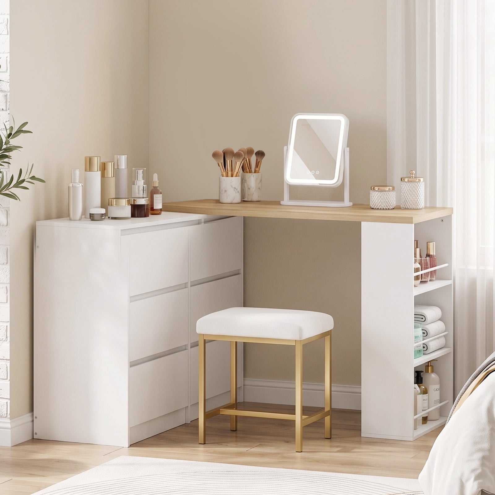 HOMCOM Vanity Table, Dressing Table with 6 Drawers and 3-Tier Shelf for Women and Girls, White