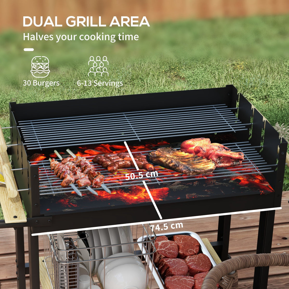 Outsunny Charcoal BBQ Grill, Barbecue Trolley with Double Adjustable Grill, Side Table, Storage Shelf and Wheels for Outdoor Garden Party Cooking, Black