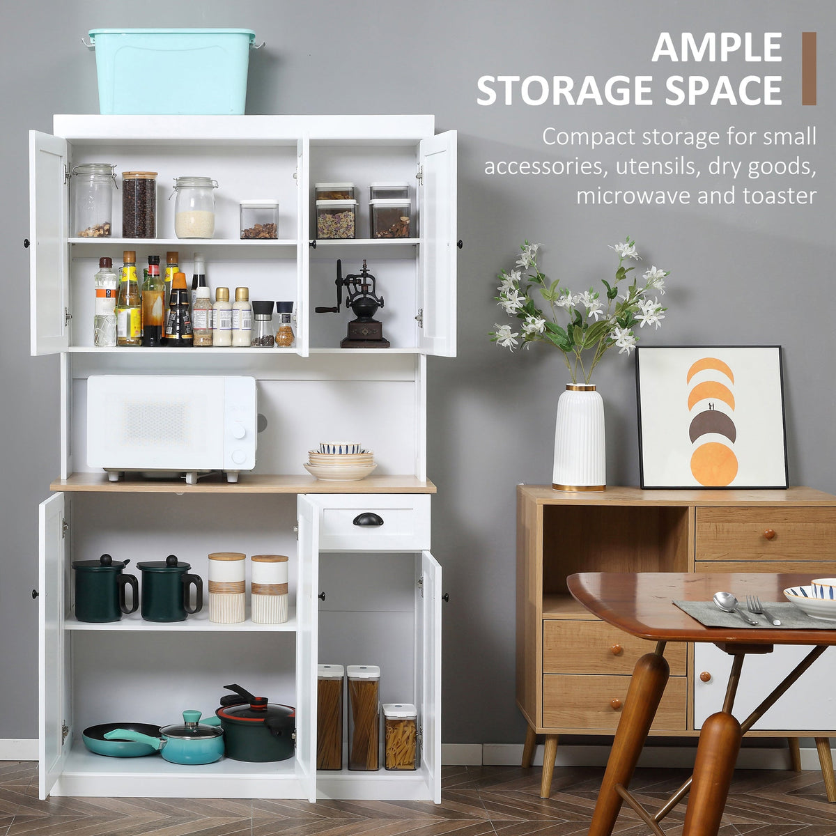 HOMCOM 180cm Freestanding Kitchen Cabinet, Modern Storage Cupboard with Open Countertop, Drawer and 6 Doors, White